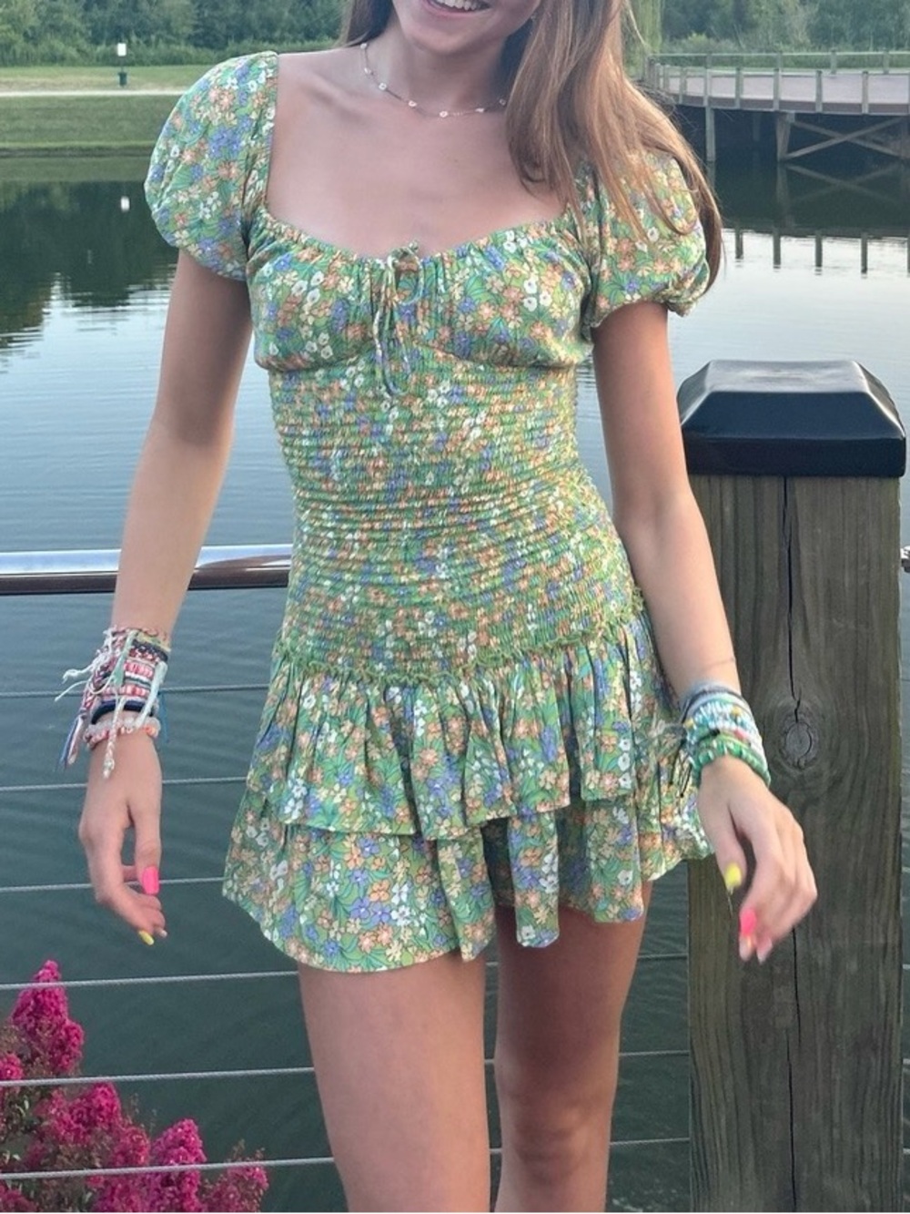 ADORABLE Isabelle’s Cabinet green floral mini dress puffed sleeves